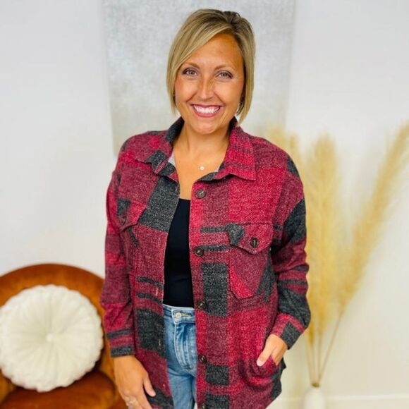 Burgundy & Black plaid Shacket - Picture 3 of 8